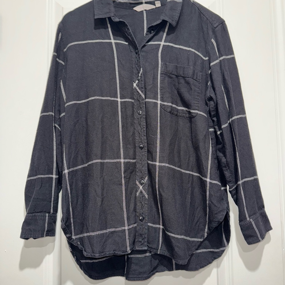 Athleta Women’s Heat-Tech Flannel Button Up Black and White Window Pane Plaid